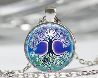 Tree of Life Necklace Full Moon Blue and Green Art Pendant in Bronze or Silver with Chain Included