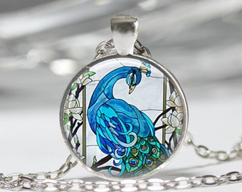 Blue Peacock Necklace Bird Jewelry Nature Glass Dome Art Pendant in Bronze or Silver with Chain Included