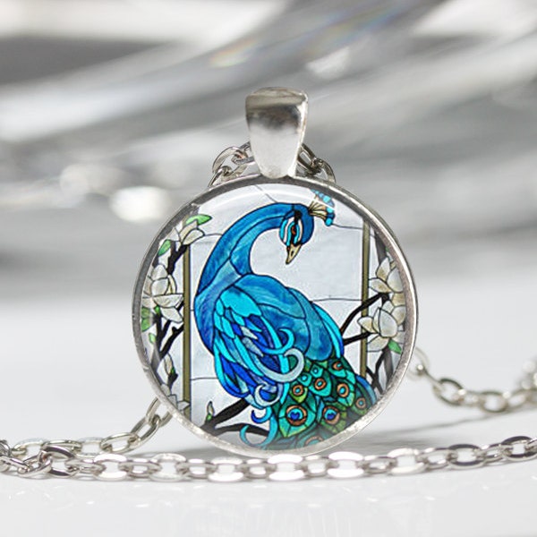 Blue Peacock Necklace Bird Jewelry Nature Glass Dome Art Pendant in Bronze or Silver with Chain Included