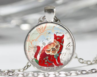 Cat Necklace Red Floral Cat Silhouette Kitty Jewelry Animals Nature Art Pendant in Bronze or Silver with Chain Included