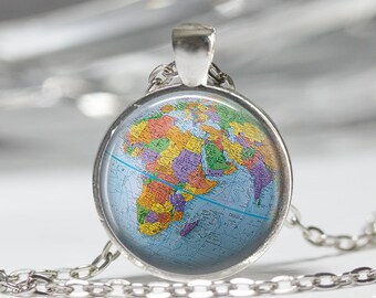 Vintage Globe Necklace Antique Map Africa World Travel Art Pendant in Bronze or Silver with Chain Included