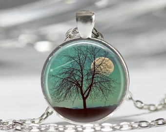 Harvest Moon Halskette Baum Schmuck Vollmond Sternschnuppe Art Anhänger in Bronze oder Silber mit Kette Halskette Enthalten