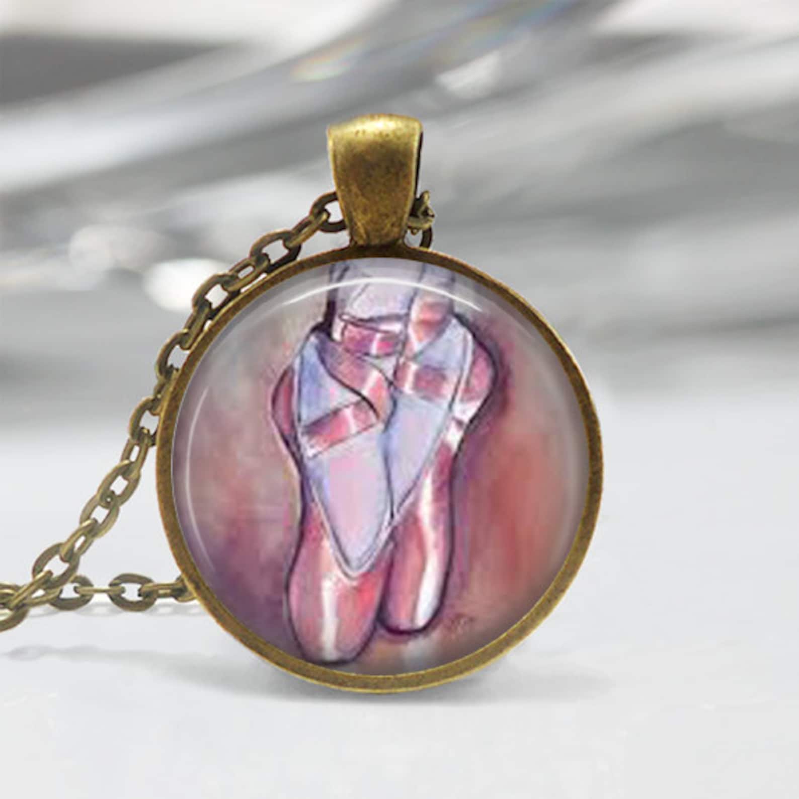 ballerina necklace ballet jewelry pink ballet slippers dancing shoes dance art pendant in bronze or silver with link chain inclu