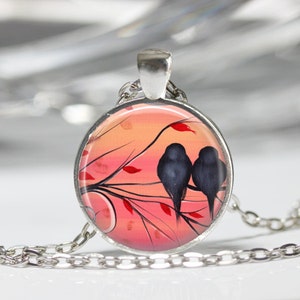 Bird Necklace Love Birds Lovebird Jewelry Romantic Sunset Nature Art Pendant in Bronze or Silver with Chain Included