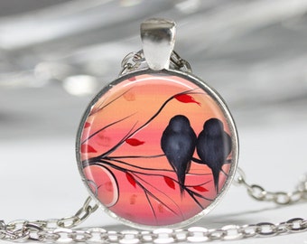 Bird Necklace Love Birds Lovebird Jewelry Romantic Sunset Nature Art Pendant in Bronze or Silver with Chain Included