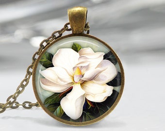White Magnolia Necklace Flower Jewelry Spring Nature Floral Art Pendant in Bronze or Silver with Chain Included