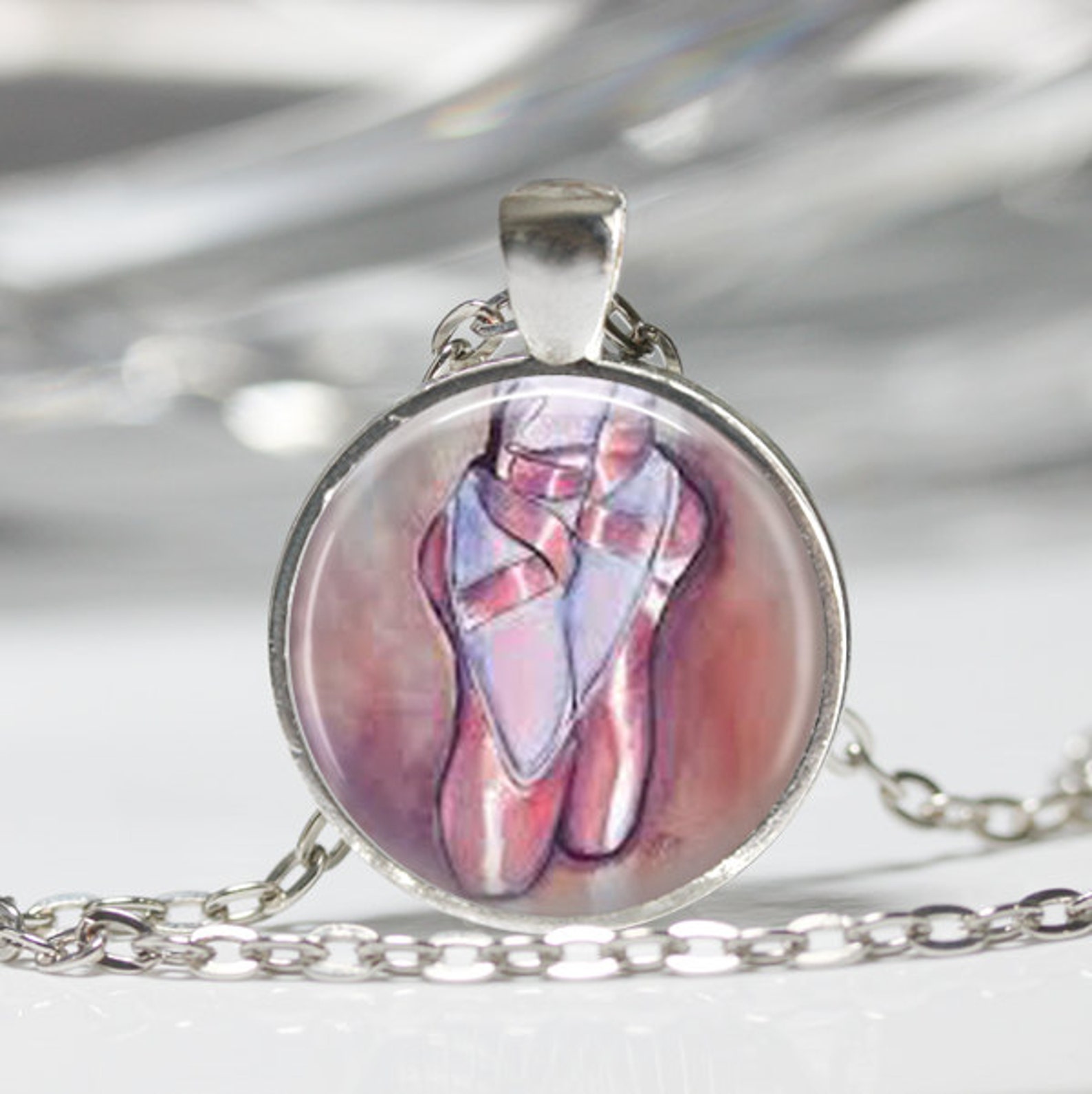 ballerina necklace ballet jewelry pink ballet slippers dancing shoes dance art pendant in bronze or silver with link chain inclu