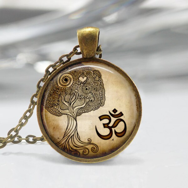 Yoga Jewelry Om Necklace Aum Tree of Life  Zen Namaste Yoga Art Pendant in Bronze or Silver with Chain Included