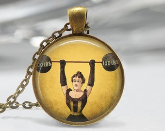 Strong Woman Necklace Weight Lifting Circus Freakshow Sideshow Weightlifter Jewelry Art Pendant with Link Chain Included