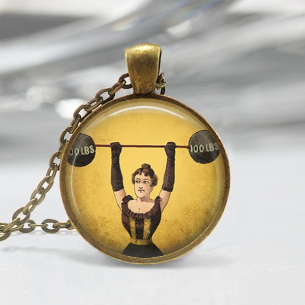 Strong Woman Necklace Weightlifting Vintage Circus Sideshow Weight lifter Jewelry Art Pendant with Chain Included