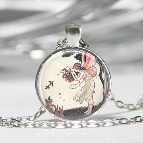 Musical Fairy Necklace Woodland Fairies Bunny Rabbits Fantasy Art Pendant in Bronze or Silver with Chain Included
