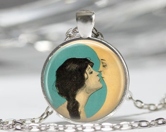 Crescent Moon Necklace Kiss the Moon Art Pendant in Bronze or Silver with Chain Included
