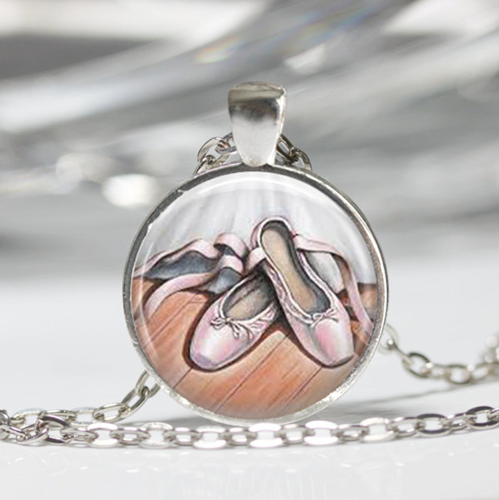 ballet necklace dance jewelry pink ballerina slippers dancer art pendant in bronze or silver with link chain included