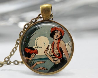 Hawaii Jewelry Hula Necklace Vintage Hula Girls Tropical Island Hawaiian Luau Art Pendant in Bronze or Silver with Chain Included