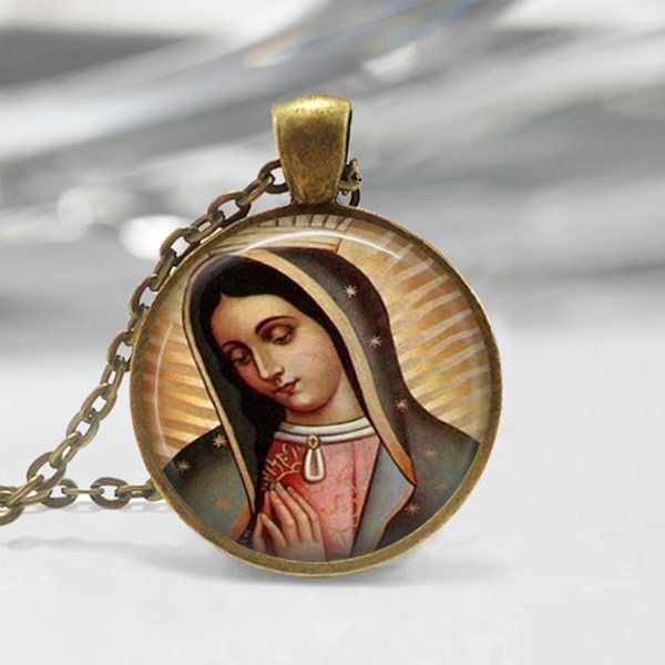 Our Lady of Guadalupe Virgin Mary Sacred Heart Religious Art Pendant in Bronze or Silver with Chain Necklace Included