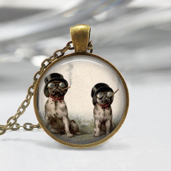 Dog Jewelry Smoking Cigarettes Boxer Dogs with Hats Steampunk Art Pendant in Bronze or Silver with Chain Necklace Included