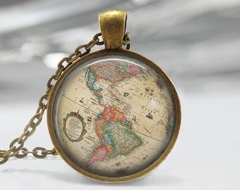 Vintage Globe Necklace Antique Map Jewelry Old World Travel Art Pendant in Bronze or Silver with Chain Included