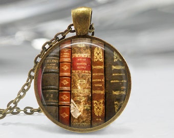 Book Necklace Old Book Spines Librarian Jewelry Art Pendant in Bronze or Silver with Chain Included