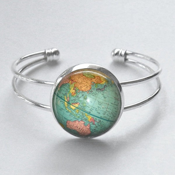 Vintage Globe Bracelet Map Jewelry Planet Earth World Travel Cuff Bangle Bracelet