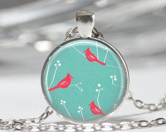 Red Cardinals on Aqua Background Bird Necklace Christmas Jewelry Art Pendant in Bronze or Silver with Chain Included