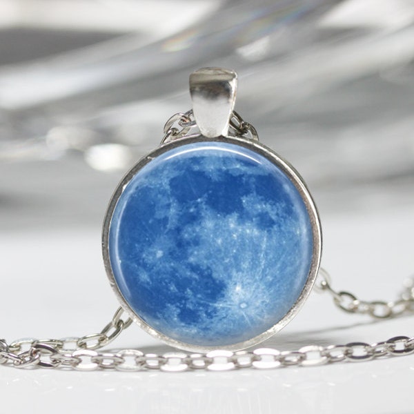 Blue Moon Necklace Full Moon Jewelry Solar System Outer Space Science Astronomy Art Pendant in Bronze or Silver with Chain Included