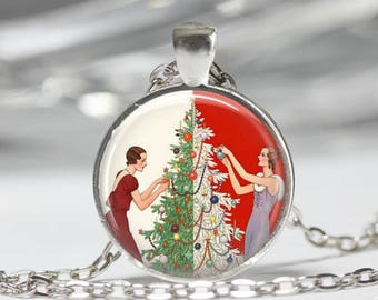 Christmas Tree Necklace Art Deco Jewelry Vintage Art Holiday Pendant in Bronze or Silver with Chain Included