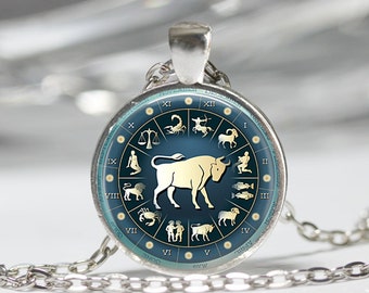 Taurus Necklace Zodiac Jewelry Bull April May Birthdays Astrology Art Pendant in Bronze or Silver with Link Chain Included