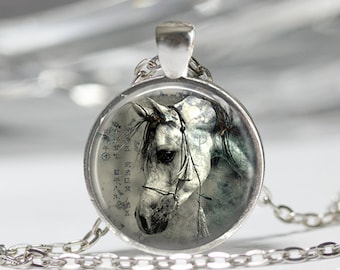 Horse Necklace Equestrian Jewelry Nature Animal Black and White Art Pendant in Bronze or Silver with Chain Included