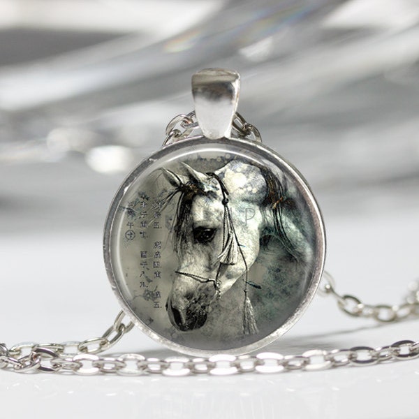 Horse Necklace Equestrian Jewelry Nature Animal Black and White Art Pendant in Bronze or Silver with Chain Included