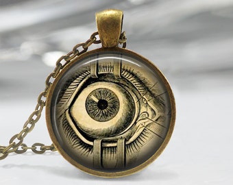 Steampunk Jewelry Human Anatomy Eyeball Necklace Evil Eye Science Medical Art Pendant in Bronze or Silver with Chain Included