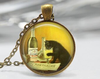 Black Cat Necklace Vintage Liquor Ad Absinthe Kitty Art Pendant in Bronze or Silver with Chain Included