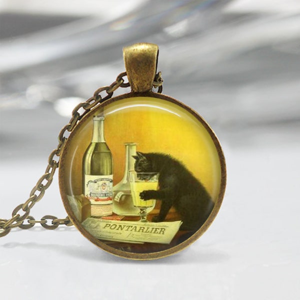 Black Cat Necklace Vintage Liquor Ad Absinthe Kitty Art Pendant in Bronze or Silver with Chain Included