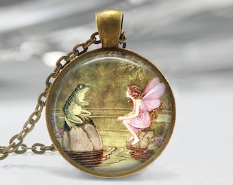 Frog and Fairy Necklace Once Upon a Time Fairy Tale Pixie Mythology Fantasy Art in Bronze or Silver Pendant with Chain Included