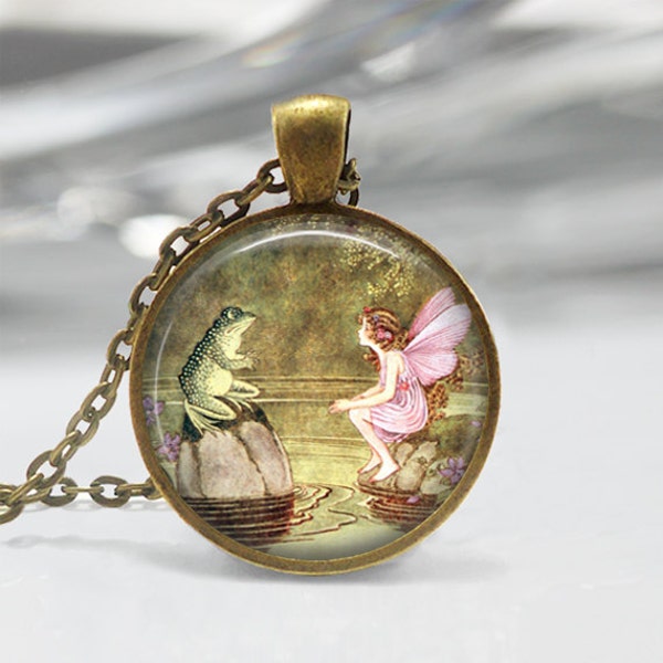 Frog and Fairy Necklace Once Upon a Time Fairy Tale Pixie Mythology Fantasy Art in Bronze or Silver Pendant with Chain Included