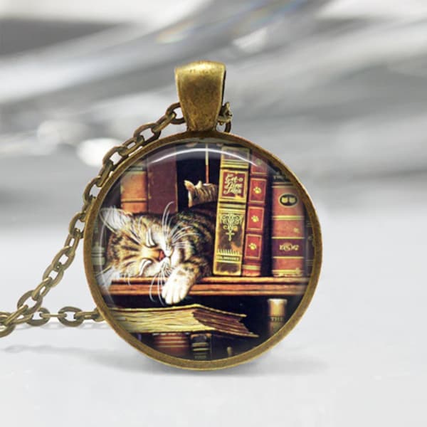 Library Book Necklace Cat Jewelry Bibliophiles Librarians Bookworms Art Pendant in Bronze or Silver with Chain Included