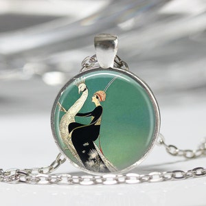 Art Deco Jewelry Woman Riding White Peacock Emerald Green Necklace Art Pendant in Bronze or Silver with Chain Included
