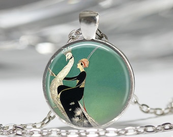 Art Deco Jewelry Woman Riding White Peacock Emerald Green Necklace Art Pendant in Bronze or Silver with Chain Included