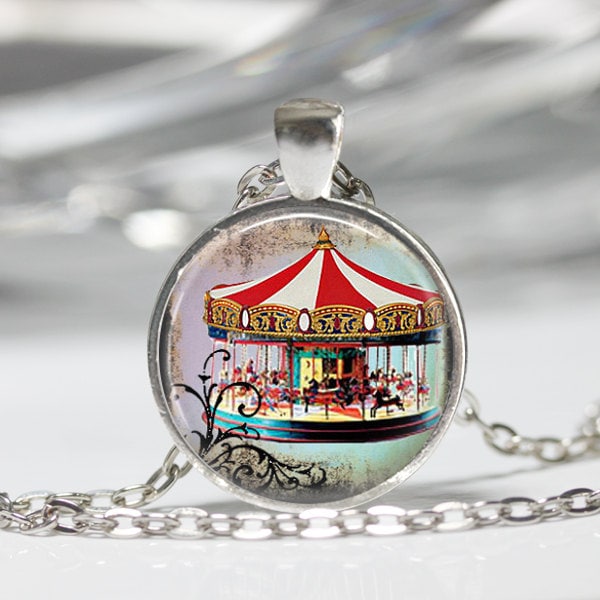 Merry Go Round Necklace Carousel Jewelry Carousel Horse Circus Carnival Art Pendant in Bronze or Silver with Chain Included