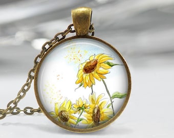 Sunflower Necklace Yellow Flowers, Spring, Gardening, Floral Art Pendant in Bronze or Silver with Chain Included