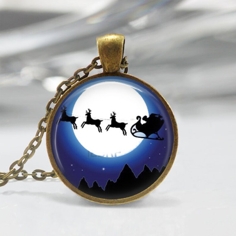 Christmas Jewelry Santa Claus Necklace Santa/'s Sleigh Reindeer Art Pendant in Bronze or Silver with Link Chain Included
