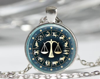 Libra Necklace Zodiac Jewelry Scales September October Birthday Astrology Art Pendant in Bronze or Silver with Chain included