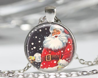 Christmas Jewelry Jolly Santa Necklace Retro Santa Claus Snowflakes Art Pendant in Bronze or Silver with Chain Included