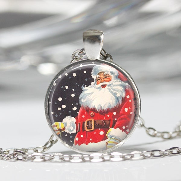 Christmas Jewelry Jolly Santa Necklace Retro Santa Claus Snowflakes Art Pendant in Bronze or Silver with Chain Included