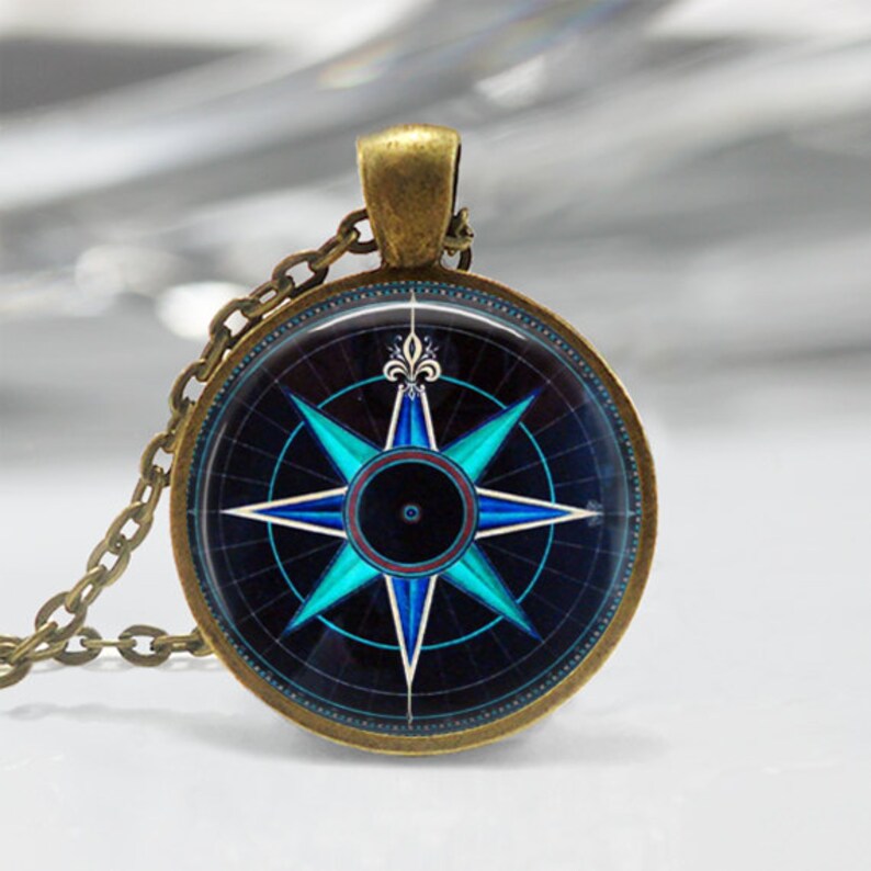 Compass Rose Necklace Nautical Jewelry Navy Blue and Aqua Art Etsy