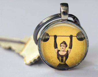 Strong Woman Keychain, Circus Freak, Vintage Circus, Carnival, Weight Lifting Key Chain, Key Fob