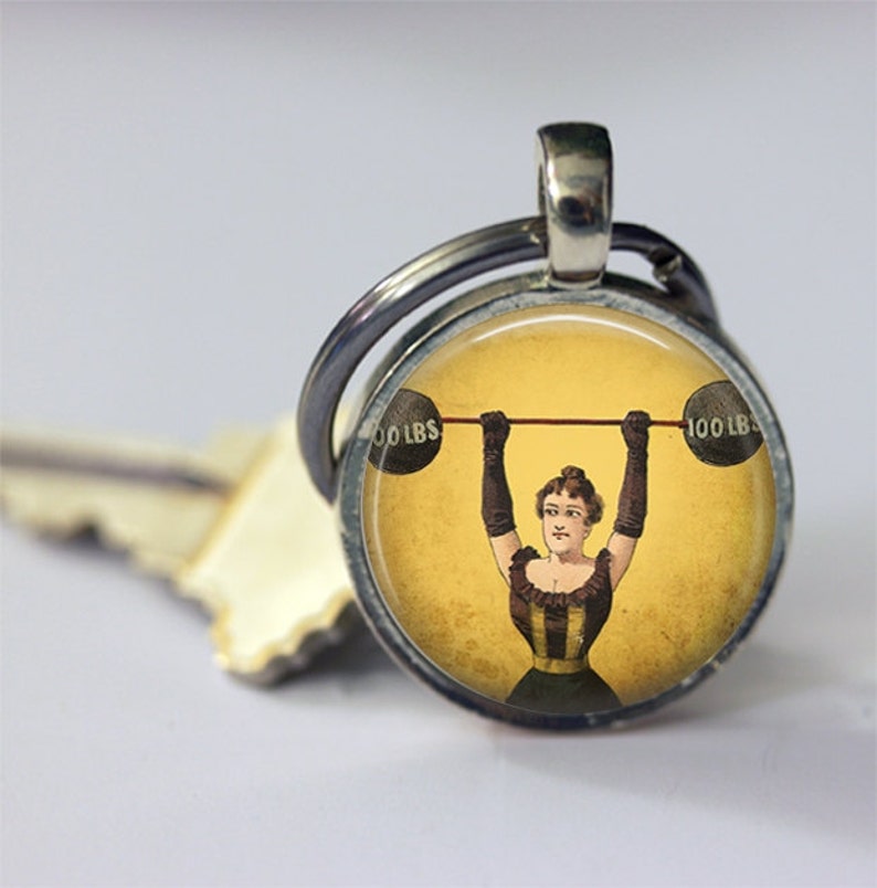 Strong Woman Keychain, Circus Freak, Vintage Circus, Carnival, Weight Lifting Key Chain, Key Fob image 1