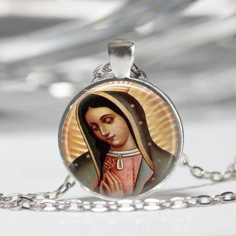 Our Lady of Guadalupe Virgin Mary Sacred Heart Religious Art Pendant in Bronze or Silver with Link Chain Necklace Included