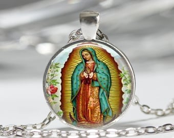Our Lady of Guadalupe Cabochon Tibetan silver Glass Chain Pendant Necklace #3405