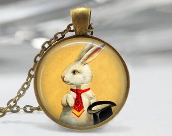 White Rabbit Necklace Magician's Jewelry Bunny with Top Hat Magic Trick Art Pendant in Bronze or Silver with Chain Included