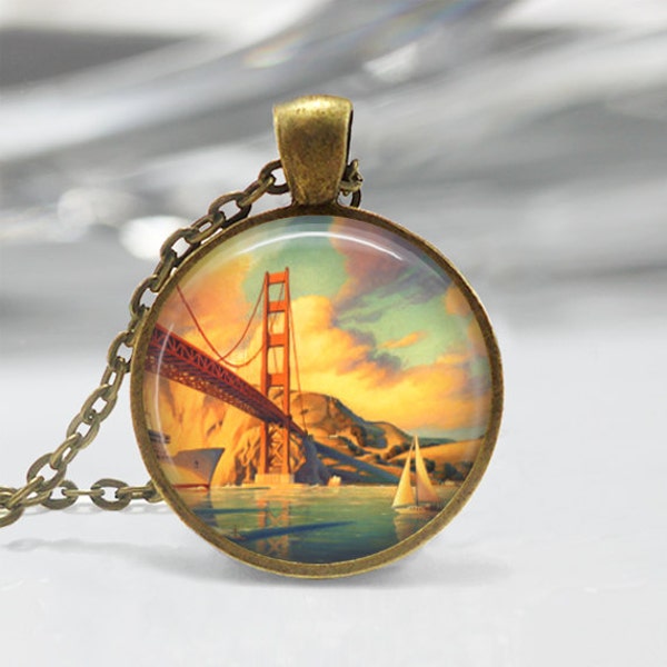 Golden Gate Bridge Necklace San Francisco Vintage Travel Poster California Art Pendant in Bronze or Silver with Chain Included